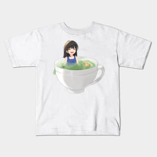 Cute Kawaii Anime Girl Is Bathing In Green Tea Cup Kids T-Shirt